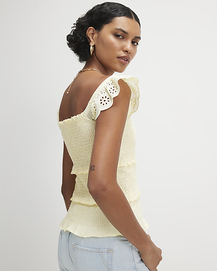 Yellow Sleeveless Shirred Broderie Top