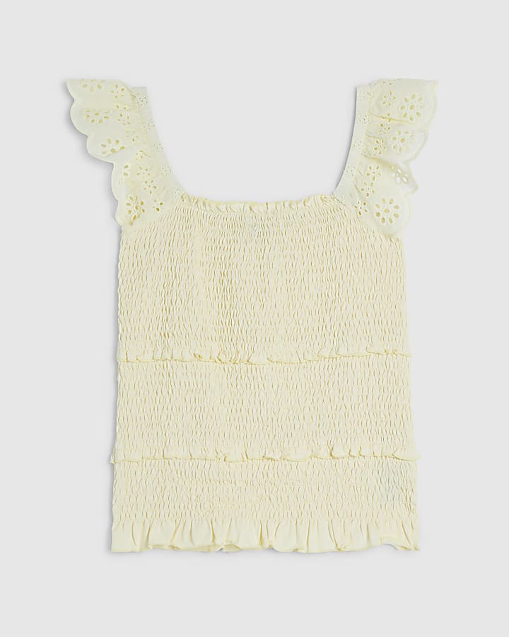 Yellow Sleeveless Shirred Broderie Top