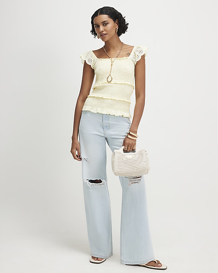 Yellow Sleeveless Shirred Broderie Top