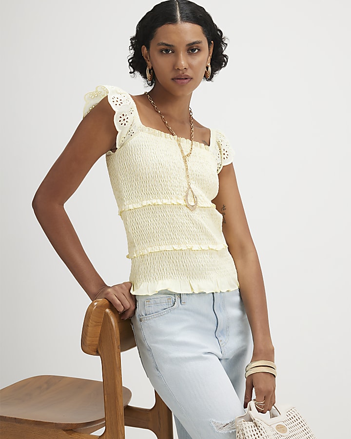 Yellow Sleeveless Shirred Broderie Top