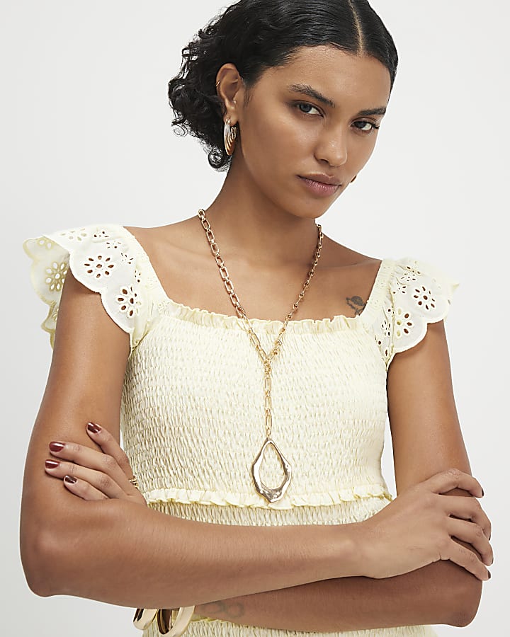 Yellow Sleeveless Shirred Broderie Top