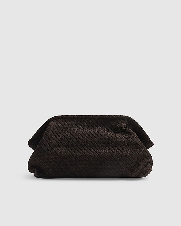 Brown Suede Woven Clutch Bag