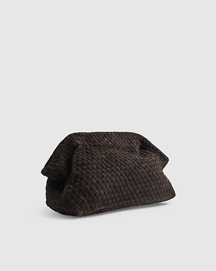 Brown Suede Woven Clutch Bag