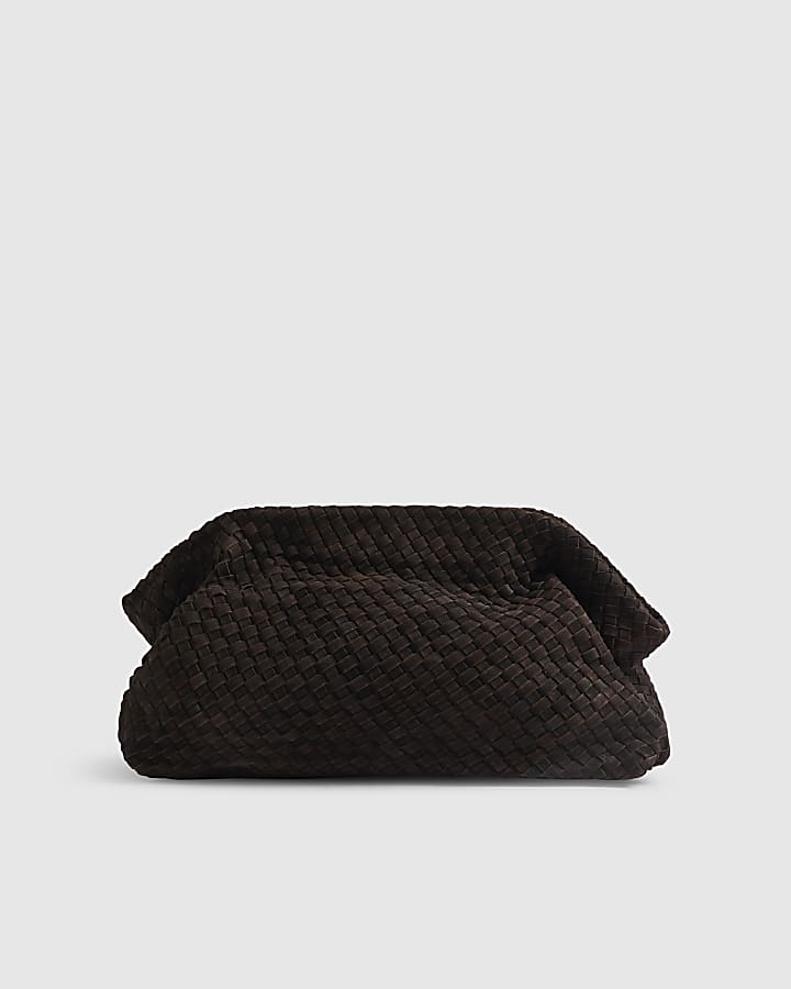 Brown Suede Woven Clutch Bag