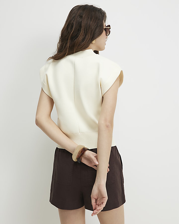 Cream Knit V Neck Top