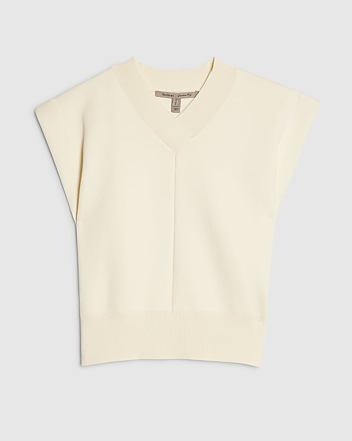 Cream Knit V Neck Top