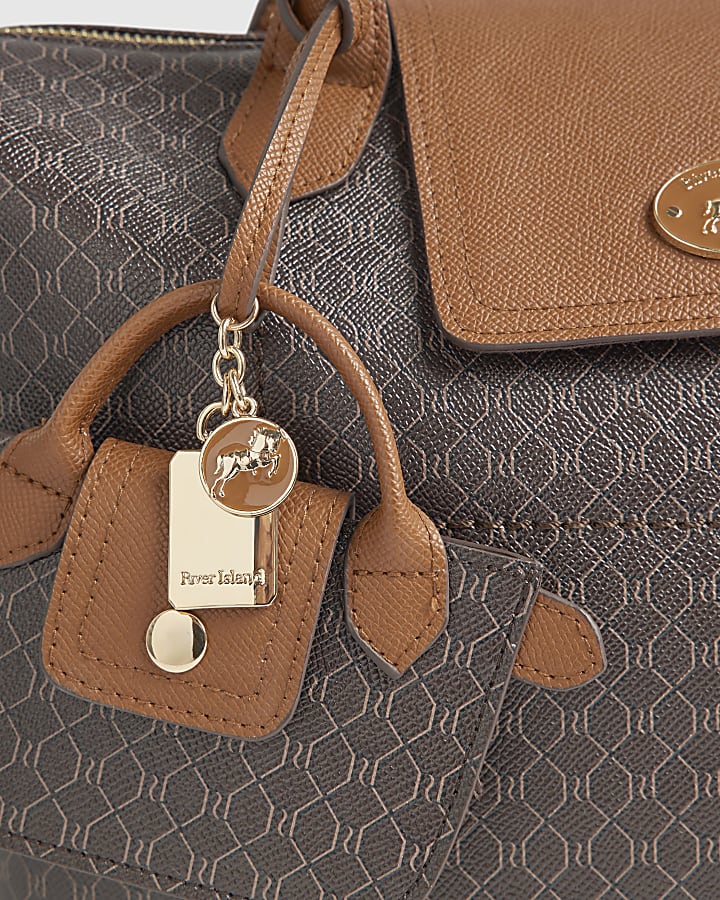 Brown Faux Leather Flap Monogram Shopper Bag