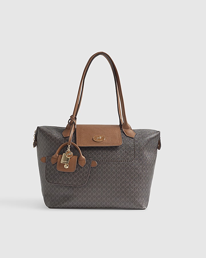 Brown Faux Leather Flap Monogram Shopper Bag