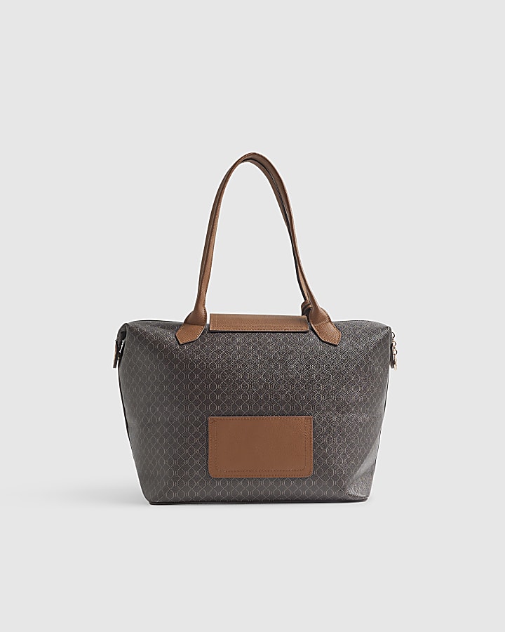 Brown Faux Leather Flap Monogram Shopper Bag