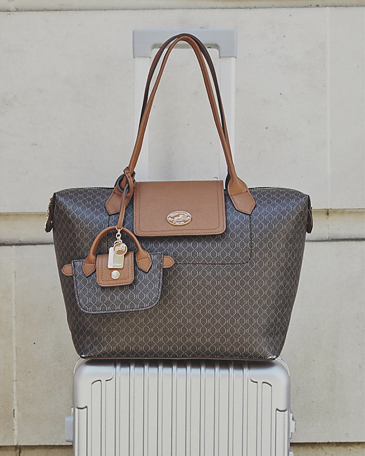Brown Faux Leather Flap Monogram Shopper Bag