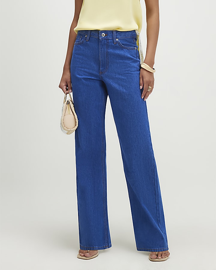 Blue High Waisted Relaxed Straight Leg Jeans