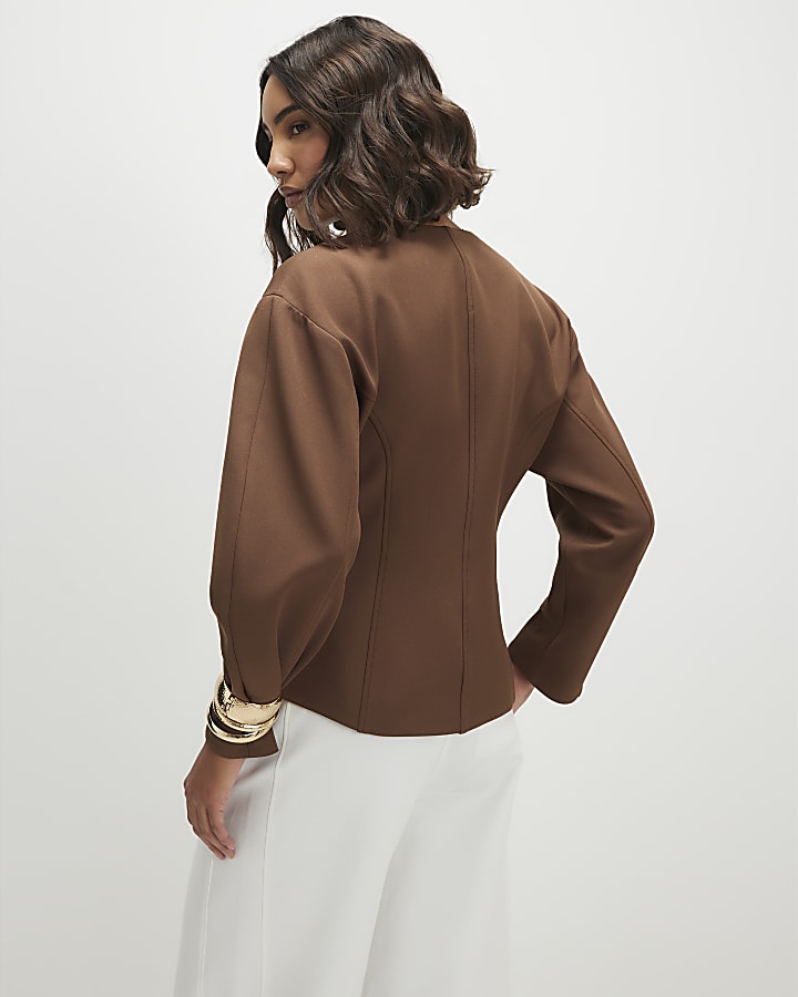 Beige Button Ovoid Sleeve Jacket