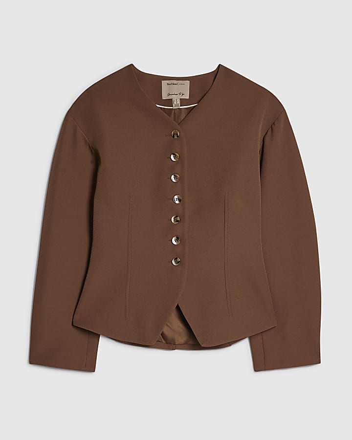 Beige Button Ovoid Sleeve Jacket