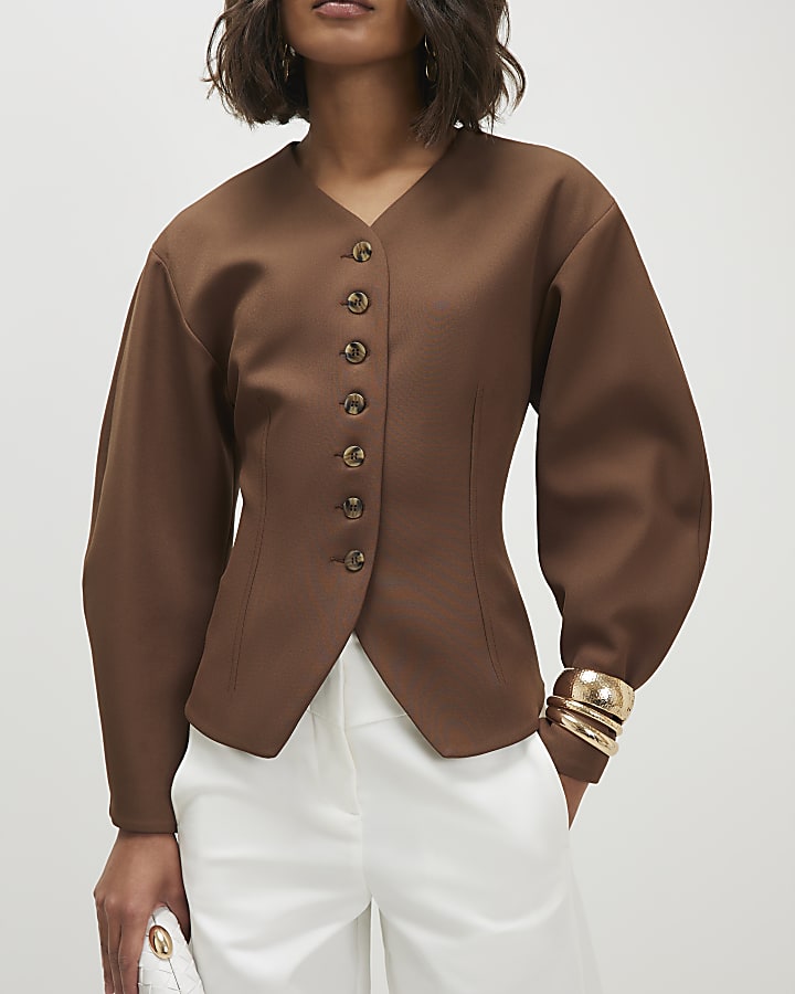 Beige Button Ovoid Sleeve Jacket