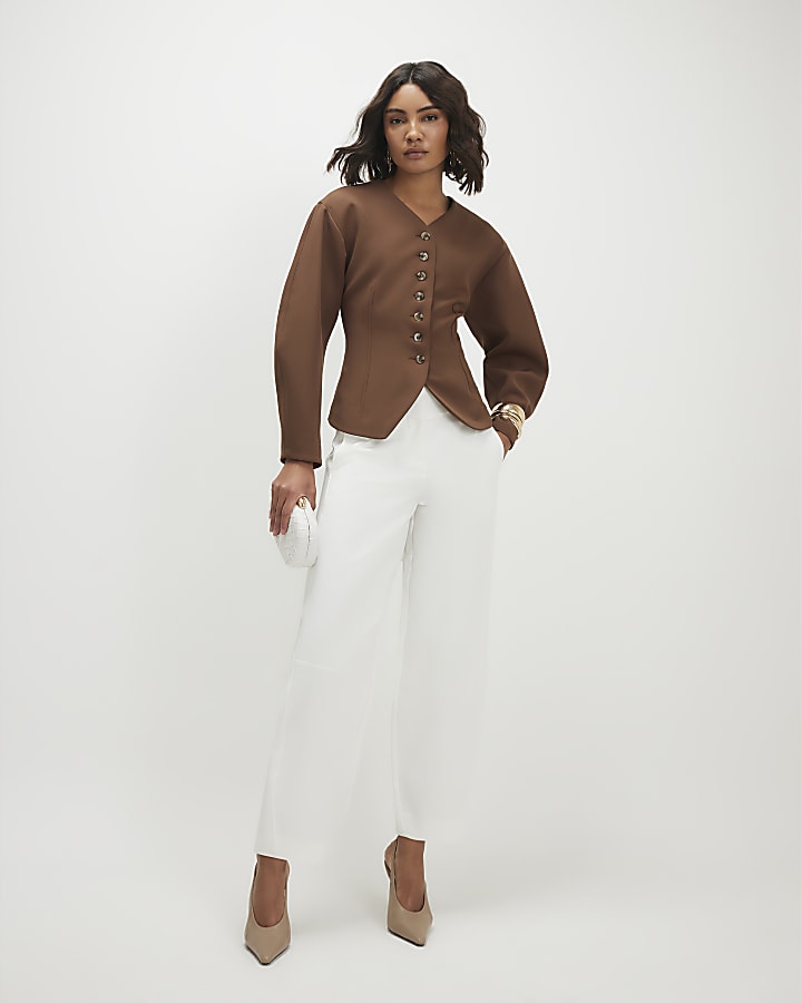 Beige Button Ovoid Sleeve Jacket