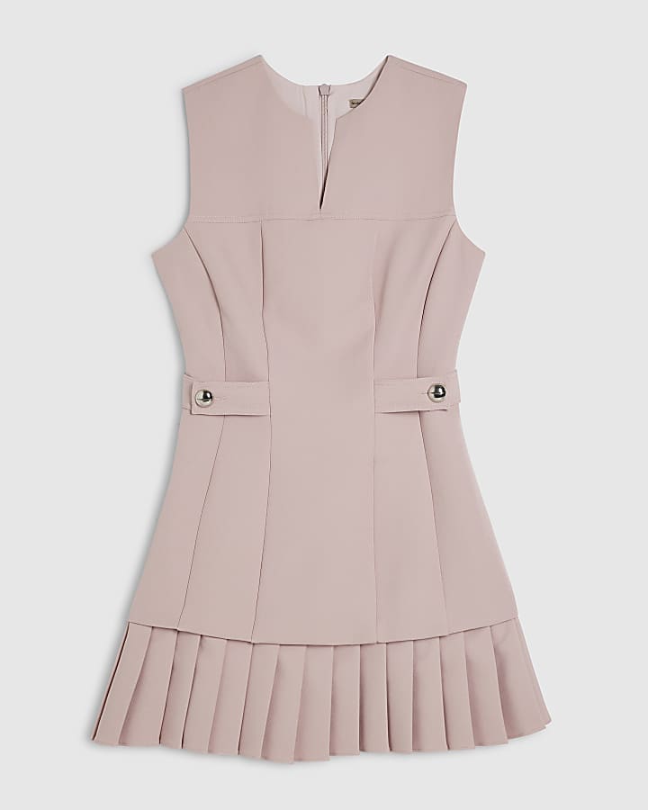 Pink Sleeveless Pleated Hem Tab Mini Dress