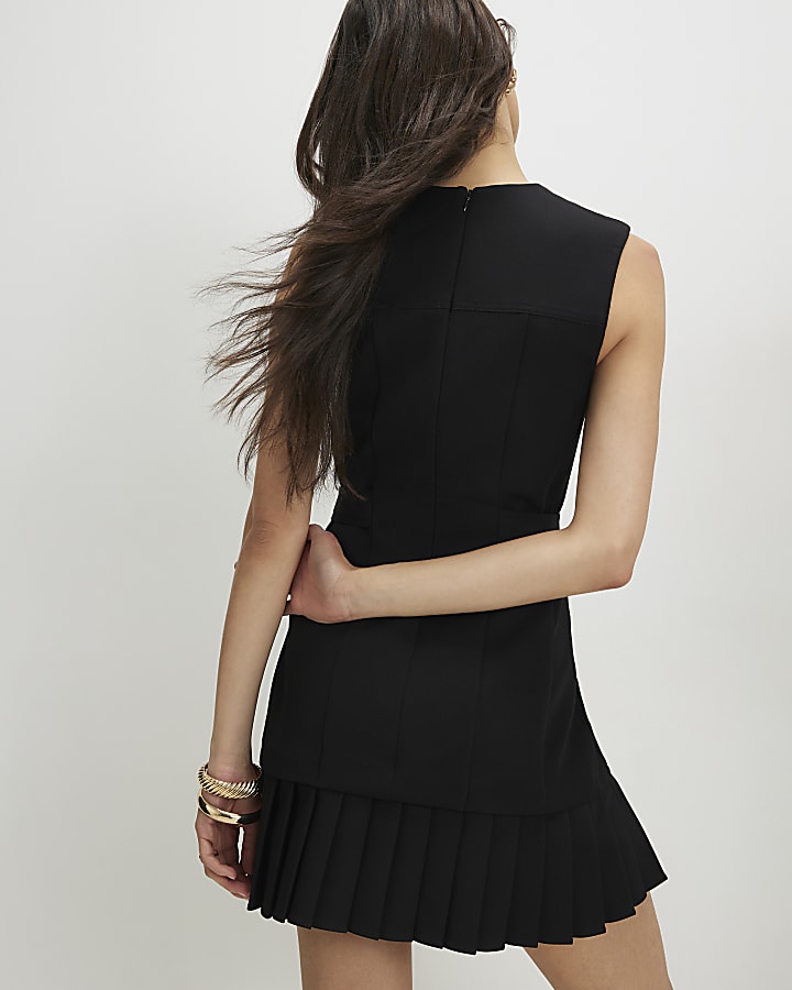 Black Sleeveless Pleated Hem Tab Mini Dress