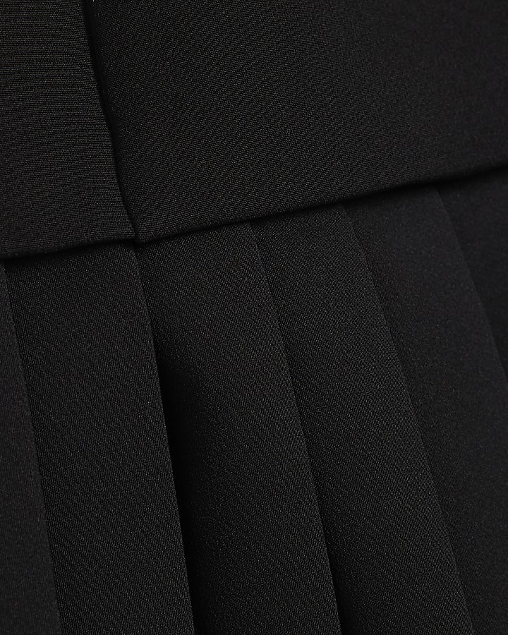 Black Sleeveless Pleated Hem Tab Mini Dress