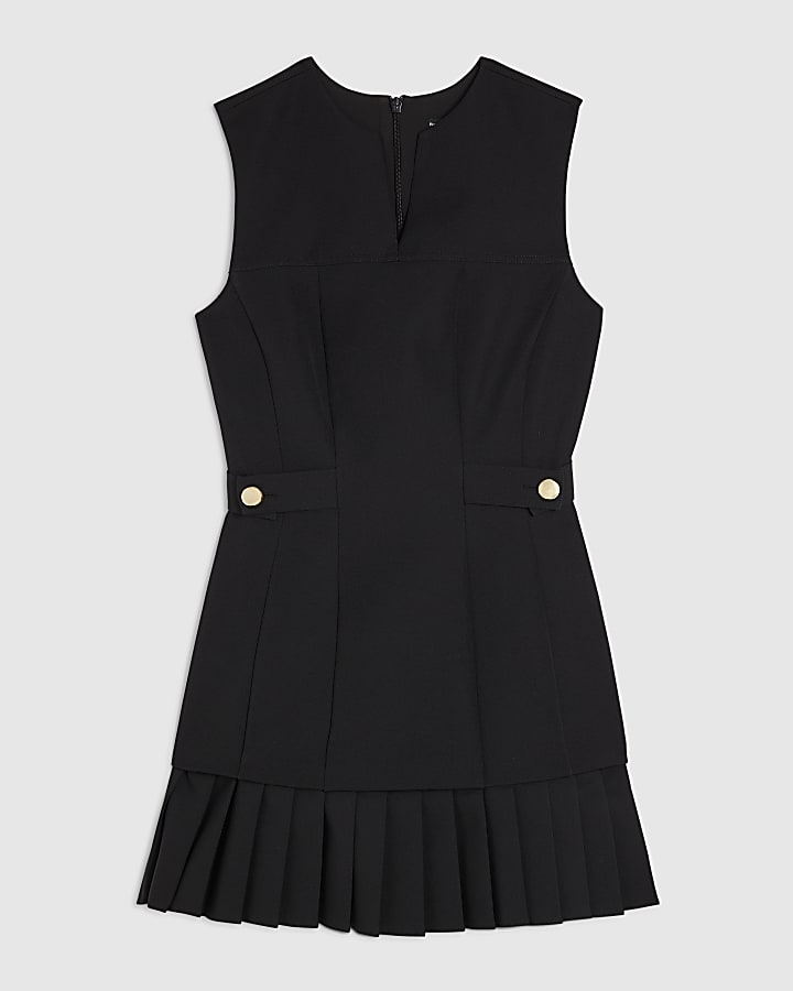 Black Sleeveless Pleated Hem Tab Mini Dress