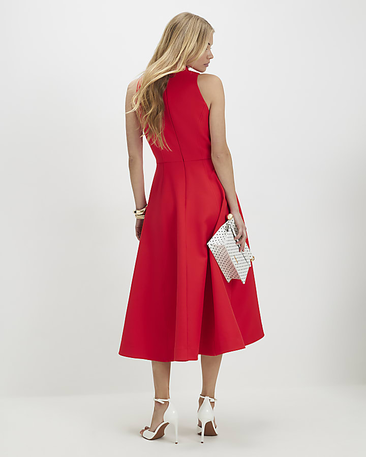 Red Sleeveless Belted Midi Dress