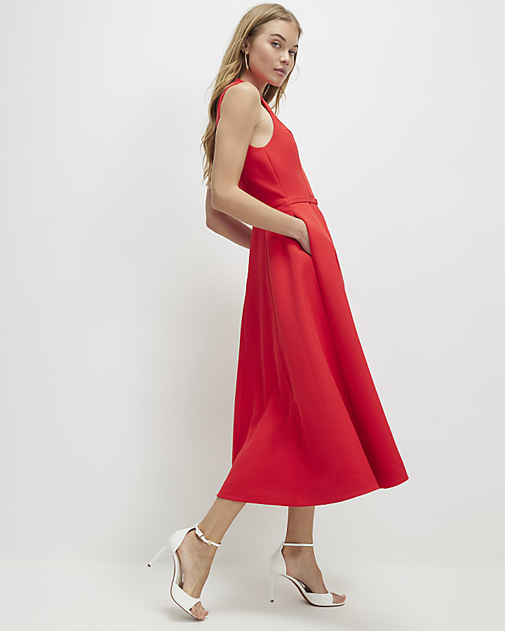 Red Sleeveless Belted Midi Dress
