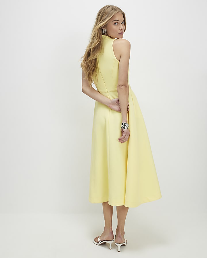 Yellow Sleeveless Belted Midi Dress