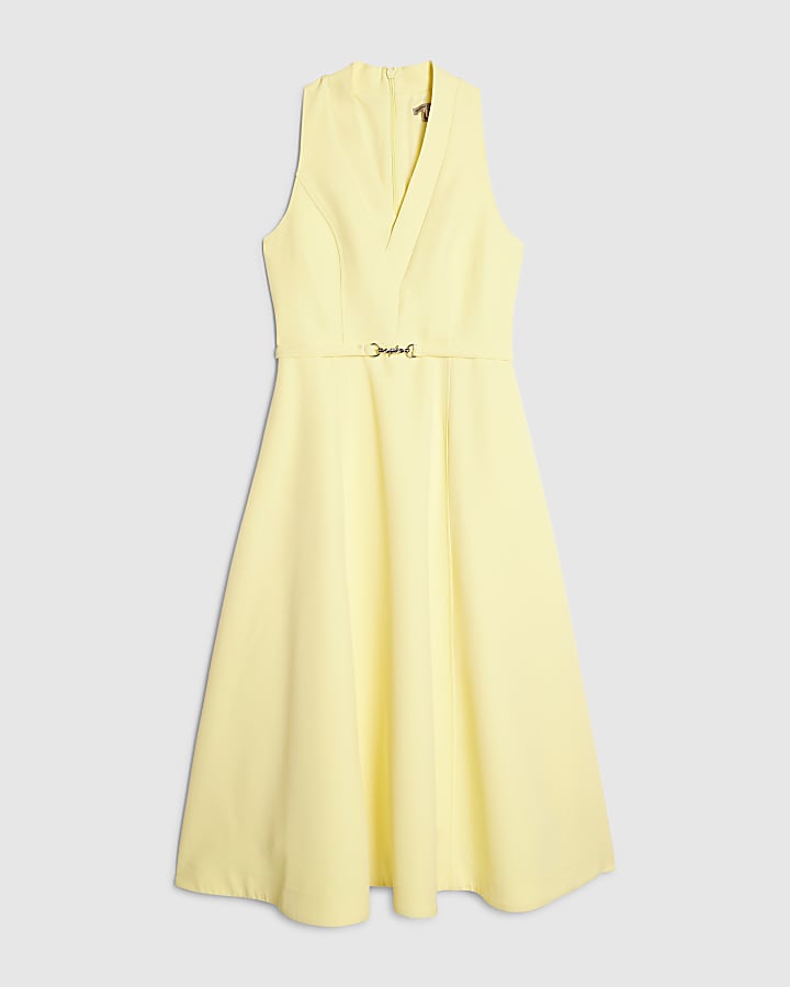 Yellow Sleeveless Belted Midi Dress