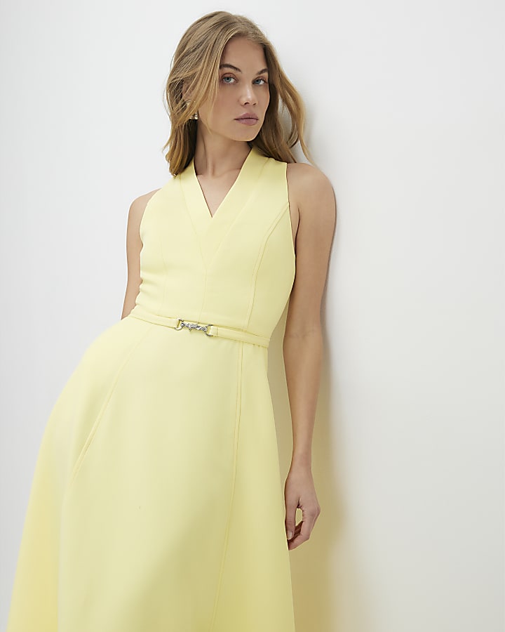 Yellow Sleeveless Belted Midi Dress