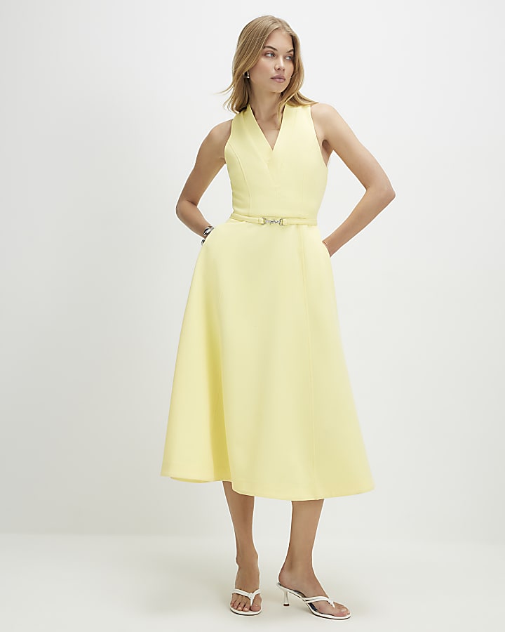 Yellow Sleeveless Belted Midi Dress