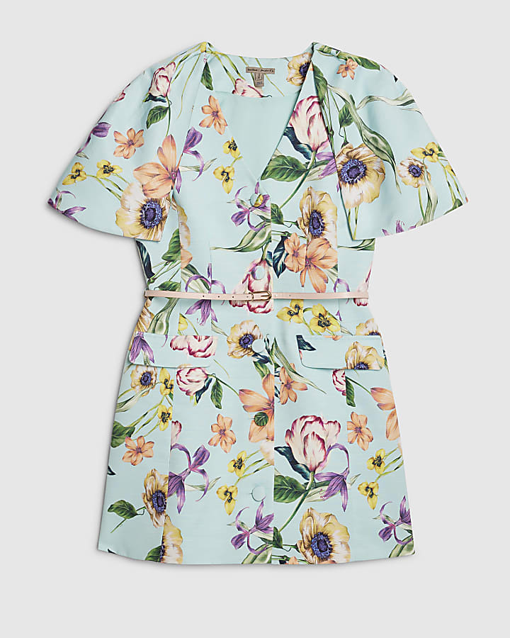 Blue Premium Floral Cape Mini Dress