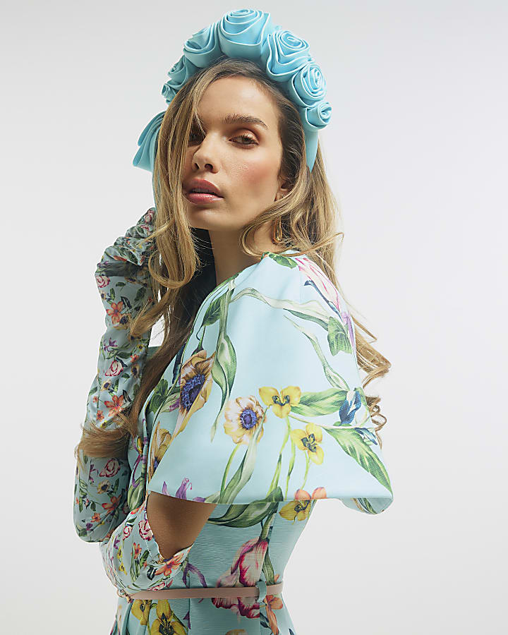 Blue Premium Floral Cape Mini Dress