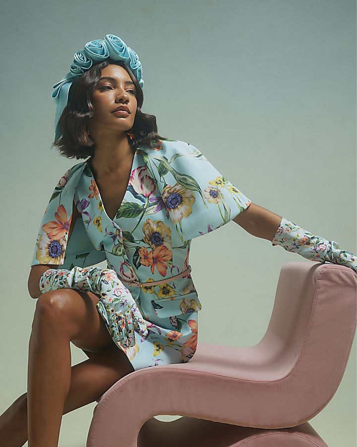 Blue Premium Floral Cape Mini Dress