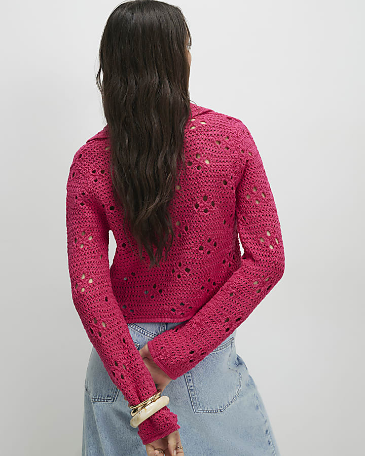 Pink Crochet Tie Front Cardigan