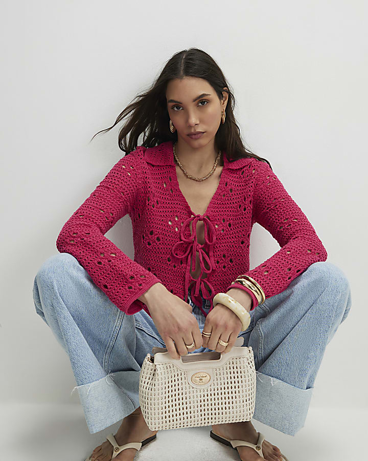 Pink Crochet Tie Front Cardigan