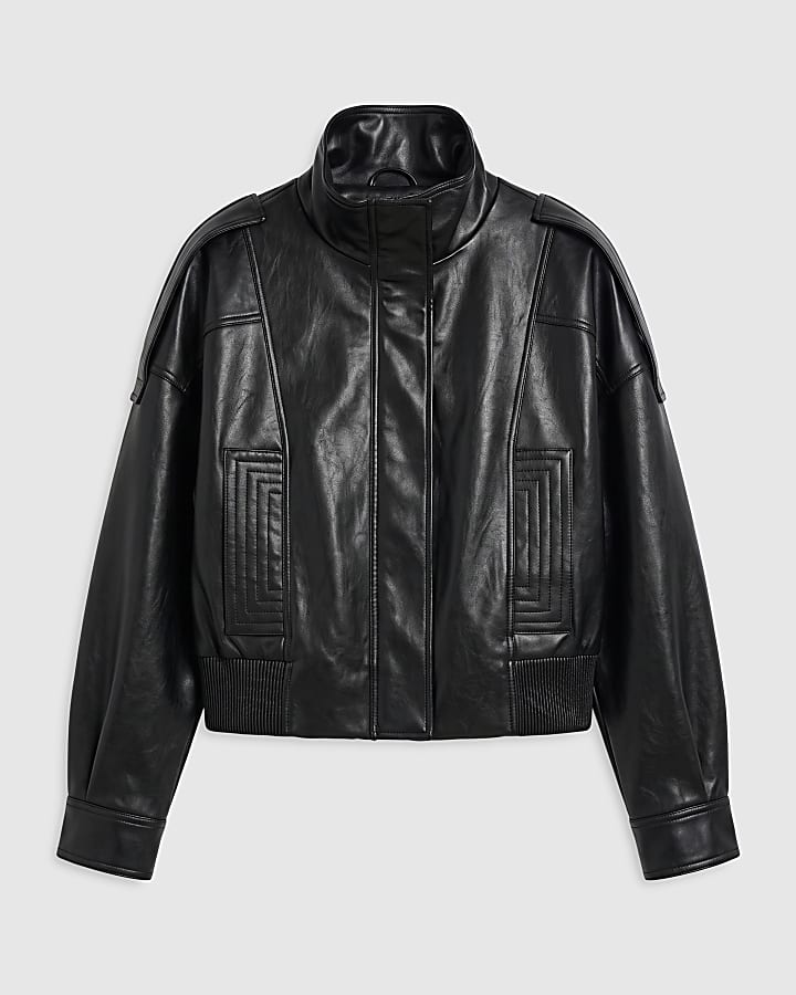 Black Faux Leather Funnel Boxy Jacket