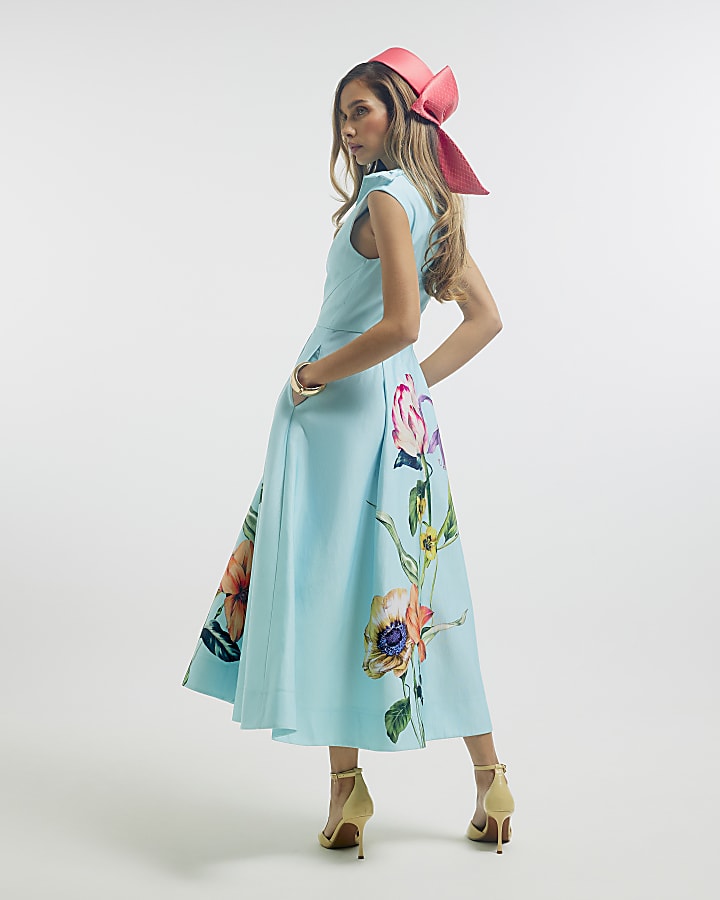 Blue Premium Floral Bow Detail Midi Dress