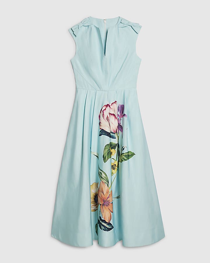 Blue Premium Floral Bow Detail Midi Dress