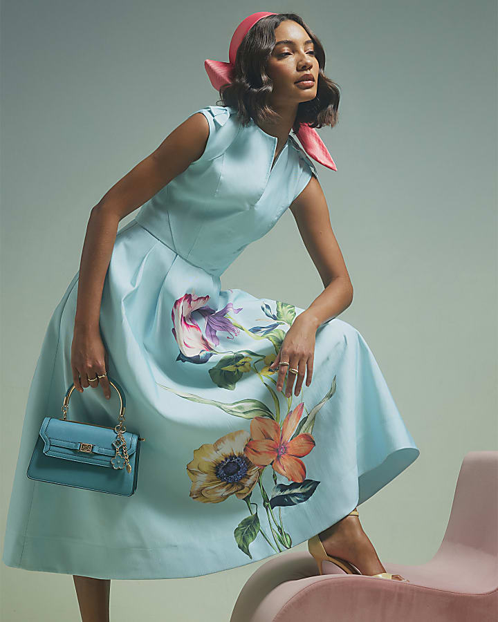 Blue Premium Floral Bow Detail Midi Dress