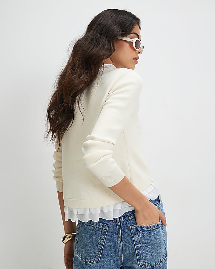 Cream Frill Trim Fine Knit Cardigan