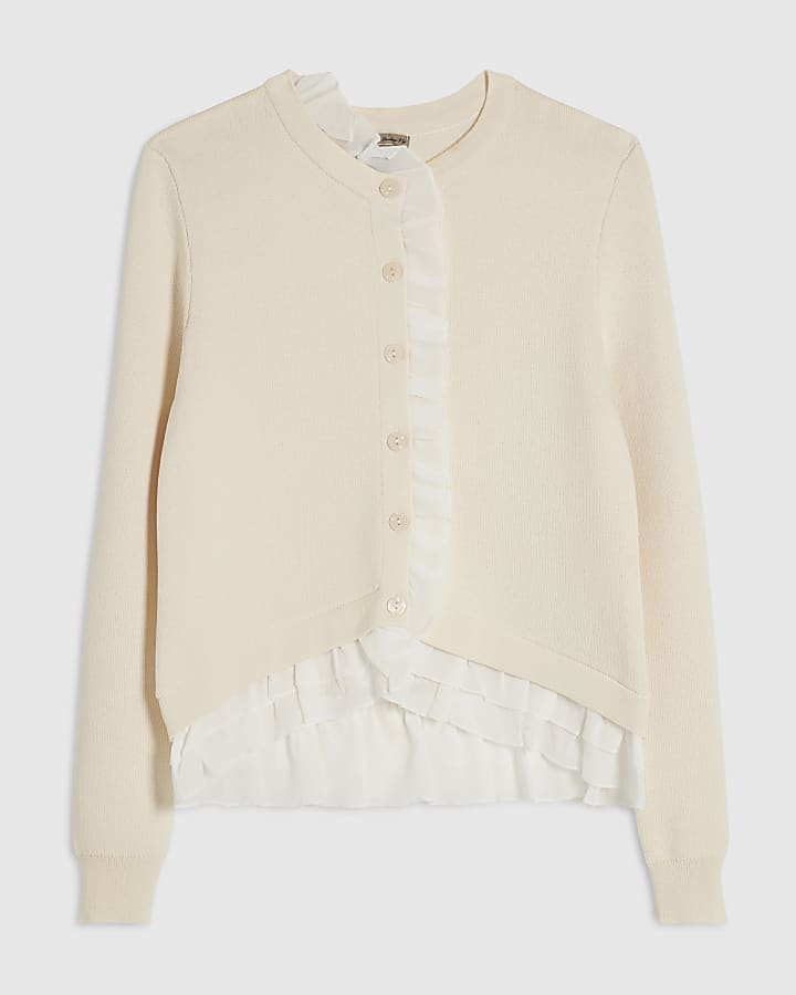 Cream Frill Trim Fine Knit Cardigan