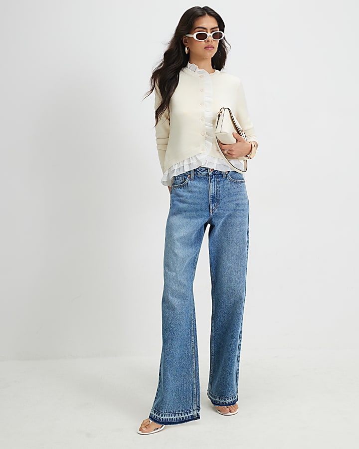 Cream Frill Trim Fine Knit Cardigan