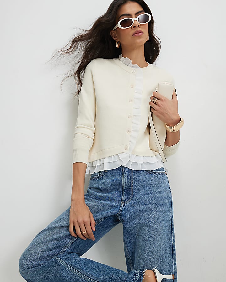 Cream Frill Trim Fine Knit Cardigan