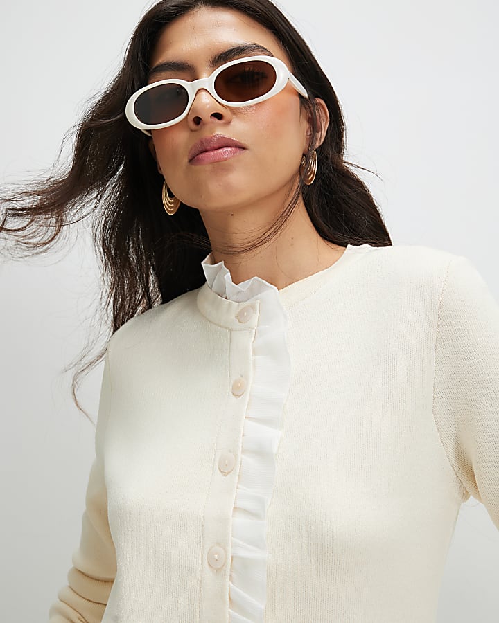 Cream Frill Trim Fine Knit Cardigan