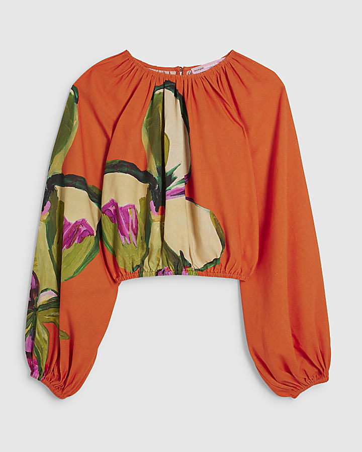Orange Floral Gathered Blouse
