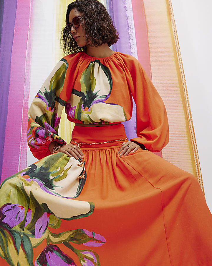 Orange Floral Gathered Blouse