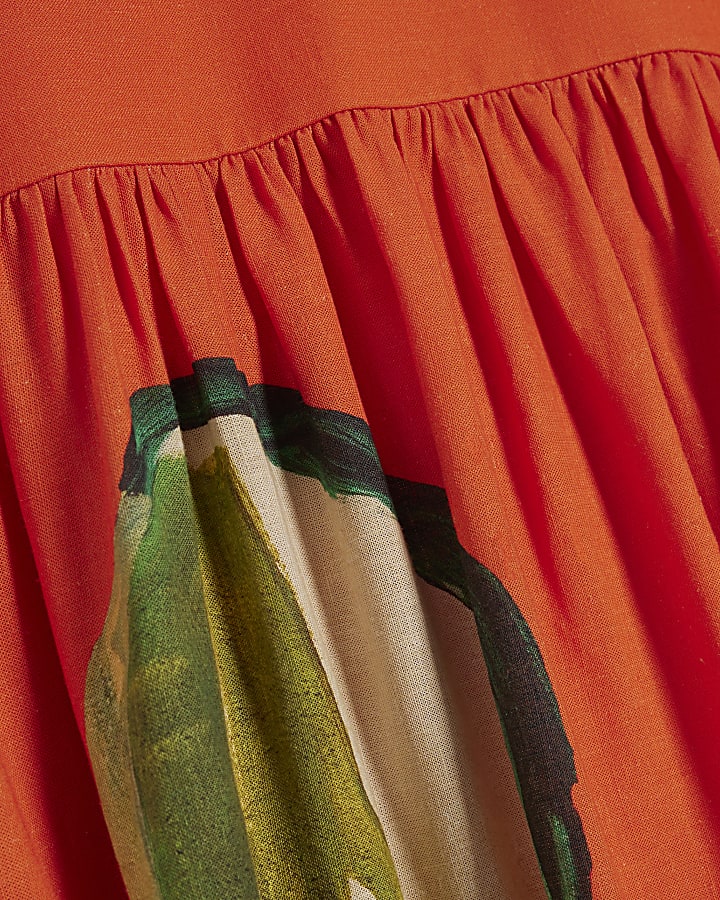 Orange Floral Drop Waist Full Midi Skirt