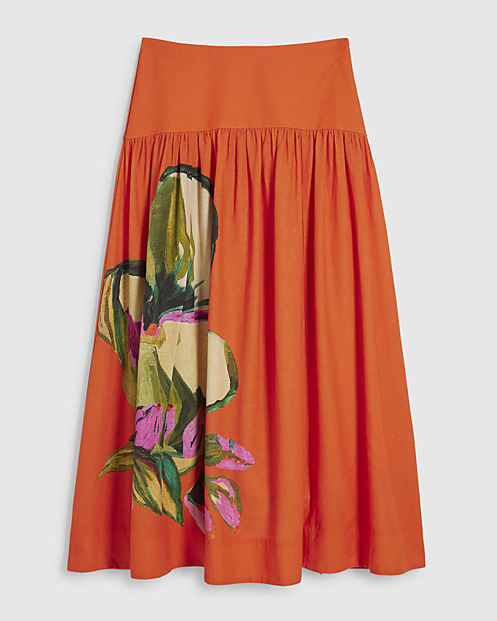 Orange Floral Drop Waist Full Midi Skirt