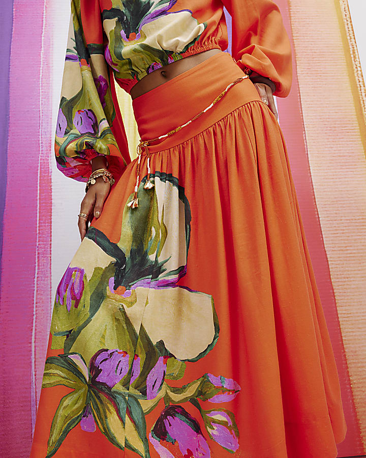 Orange Floral Drop Waist Full Midi Skirt