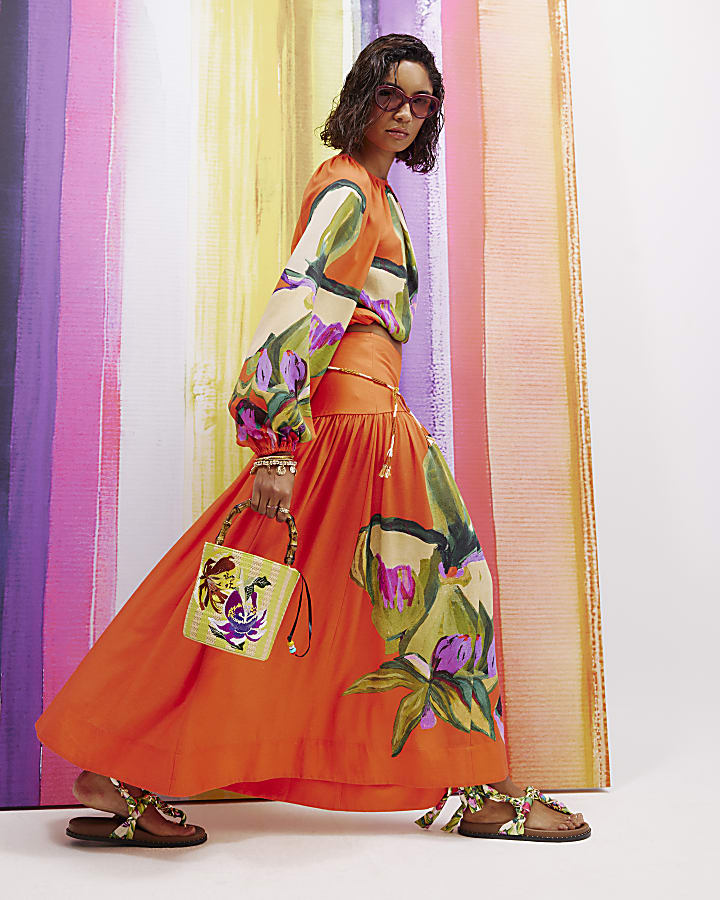 Orange Floral Drop Waist Full Midi Skirt