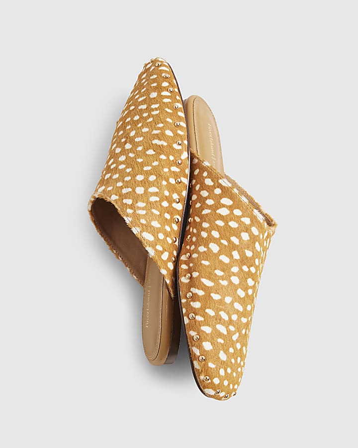 Beige Deer Hair on Leather Backless Mules